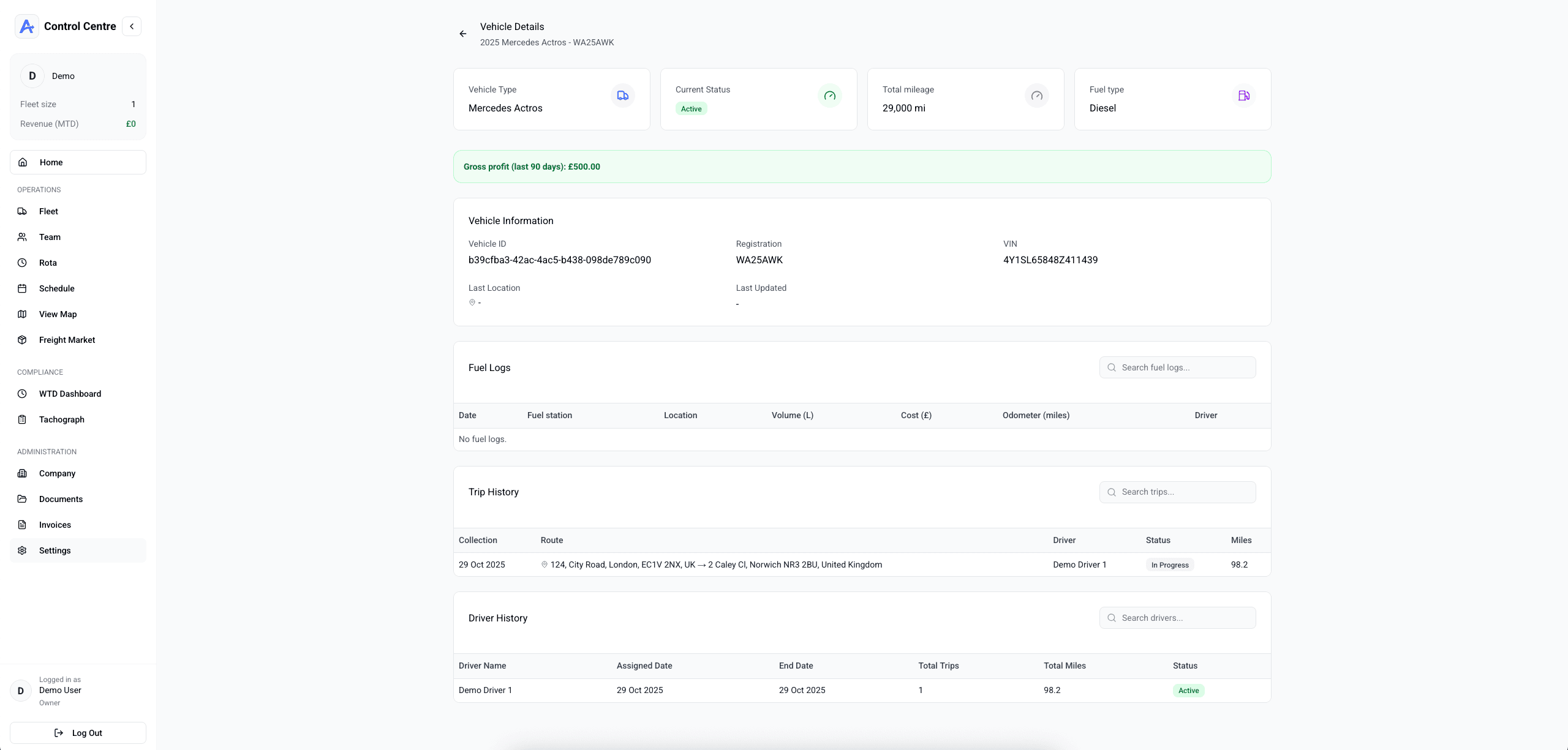 Averion TMS real-time fleet dashboard displaying live vehicle locations, driver statuses, trip progress, and alerts for UK and EU transport operations